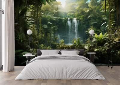 waterfall in forest, waterfall in the jungle, tropical landscape in the jungle, plants and green trees in the jungle, waterfall with lake in the forest Wall mural