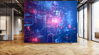 Background wall of data stream in perspective POV backdrop fading away - Holographic glowing information of complex artificial intelligence tasks Wall mural