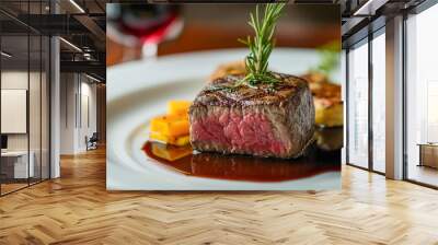 Beef Filet Mignon steak cooked medium rare with red wine sauce garnish over a flat white plate - A fine dining restaurant experience  Wall mural