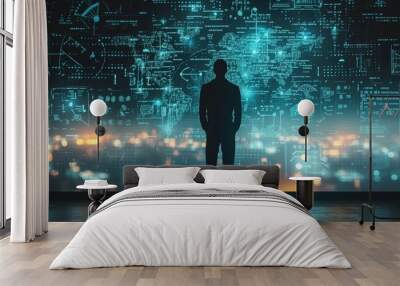 Man silhouette standing before a vast display of glowing data visualizations and technical schematics. A society controlled by technology concept and risk of manipulation Wall mural