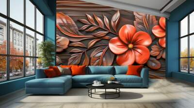 Primed wood sculpture background carving of hibiscus flower - Baseboard rustic home decor art craft element Wall mural