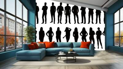 Vector detailed silhouettes set of standing people male and female full body front view with body gesture isolated on white background. Crowd, group of people vector illustration Wall mural