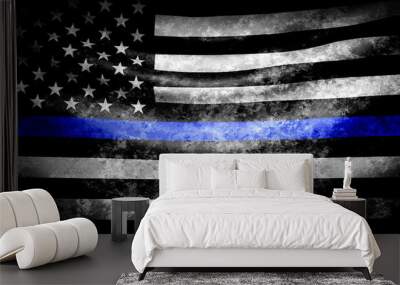 Black and white USA flag with blue line in grunge style with darkened edges. Aged texture Wall mural