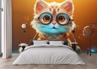 3D illustration: cute cat wearing glasses in a childlike cartoon character style. Generative AI Wall mural