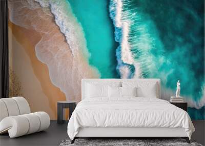 Aerial view of white sand beach coastline with teal blue ocean. Generative AI Wall mural