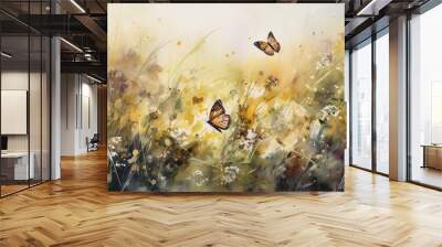 Amazing landscape painted watercolor style with wild grass, butterflies flying and flowers. Generative AI Wall mural