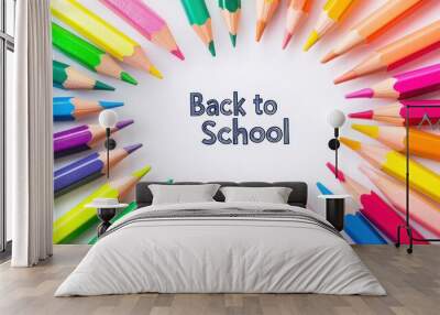 Back to School text surrounded by colorful pencils arranged in a circular pattern on a white background Generative AI Wall mural