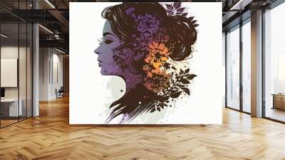 Beautiful female profile. Pretty woman with a cute hairstyle with flowers on light background. Generative AI Wall mural