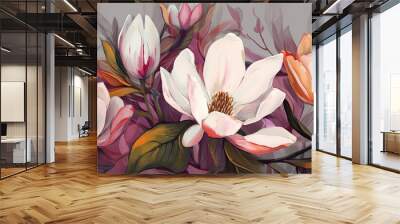 Beautiful floral botanical pattern with magnolia flowers. Spring concept. Generative AI Wall mural