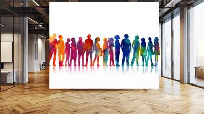 Beautiful image of a group of people silhouettes standing, drawn in the style of colorful watercolors. Generative AI Wall mural