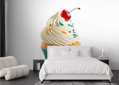 Birthday cupcake with butter cream icing isolated on white. Generative AI Wall mural