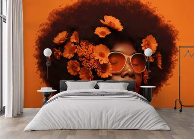 Black woman with afro hair covering her eyes with flowers on a colorful background. Generative AI Wall mural