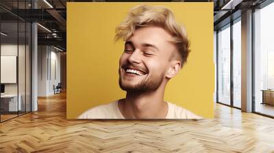 Blond young man laughing on a colorful background. Generative AI Wall mural