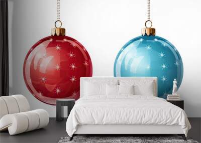 Blue and red illustration of Christmas ball ornaments hanging against an isolated background. Generative AI Wall mural