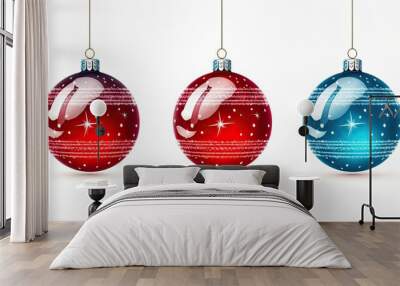 Blue and red illustration of Christmas ball ornaments hanging against an isolated background. Generative AI Wall mural