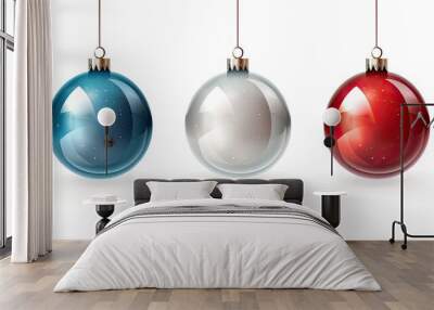 Blue and red illustration of Christmas ball ornaments hanging against an isolated background. Generative AI Wall mural