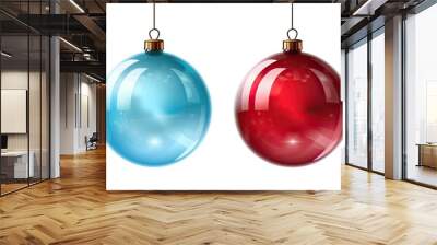 Blue and red illustration of Christmas ball ornaments hanging against an isolated background. Generative AI Wall mural