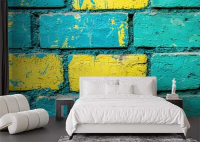 Blue brick wall with bold yellow graffiti in abstract zigzag pattern Generative AI Wall mural