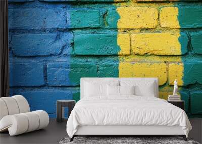 Blue brick wall with bold yellow graffiti in abstract zigzag pattern Generative AI Wall mural