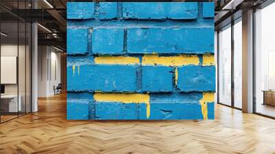 Blue brick wall with bold yellow graffiti in abstract zigzag pattern Generative AI Wall mural