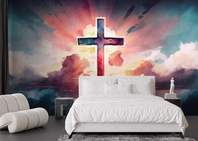 Christian easter. Conceptual religious symbol on a colorful sky at sunset. Generative AI Wall mural