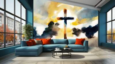 Christian easter. Conceptual religious symbol on a colorful sky at sunset. Generative AI Wall mural