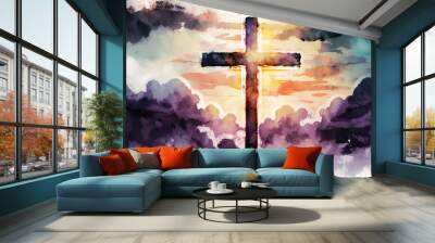 Christian easter. Conceptual religious symbol on a colorful sky at sunset. Generative AI Wall mural