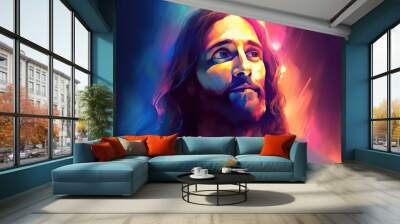 Christianity figure. Colorful image of Jesus Christ on illuminated background with colors. Generative AI Wall mural