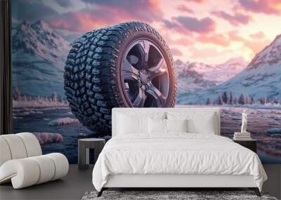 Close-up of a car tire on a snowy mountain road, icy conditions with snow-covered trees and towering mountains in the background Generative AI Wall mural