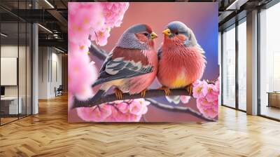 Couple of romantic finch birds on a branch. Love concept. Generative AI Wall mural