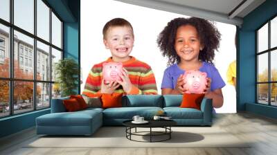 Four happy children with moneybox savings Wall mural