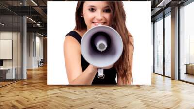 Funny girl shouting with a megaphone Wall mural