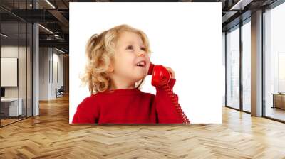 Funny little child talking on the phone Wall mural