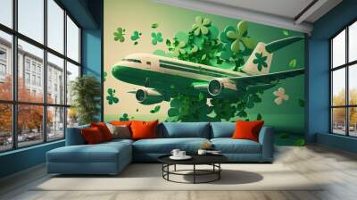 Green plane decorated for St. patricks day , transport illustration on colored background. Generative AI Wall mural