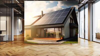 House with solar panels on the roof. Sustainable and clean energy at home. Generative AI Wall mural