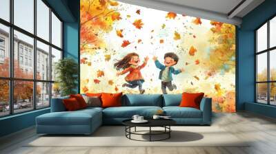 Illustration of two children joyfully playing with falling autumn leaves in a colorful landscape Generative AI Wall mural