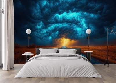 Massive storm cloud with lightning striking over open road at sunset creating a dramatic and intense sky scene Generative AI Wall mural