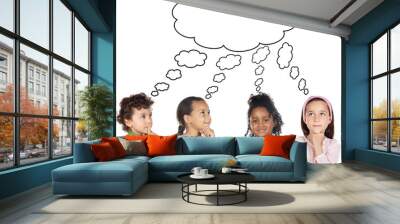 multiethnic group of children thinking a over white background Wall mural