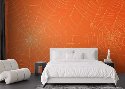 Orange halloween background with spiders web. Generative AI Wall mural