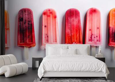 Panoramic view of isolated orange and strawberry popsicles on a white background. Generative AI Wall mural