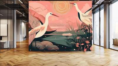 Pink natural landscape with two cranes flying on beautiufl lotuses. Generative AI Wall mural