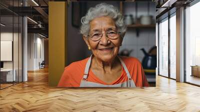 Portrait of smiling old South-American woman with grey hair looking at camera. Generative AI Wall mural