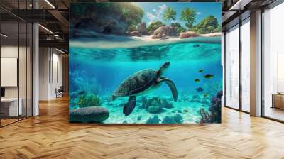 Sea turtle in crystal clear water. Amazing crystalline seabed. Reef full of life. Generative AI Wall mural