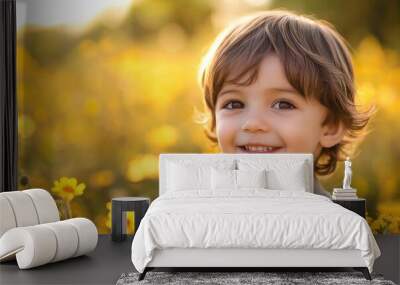 Smiling young boy with brown hair standing in a field of yellow flowers Generative AI Wall mural