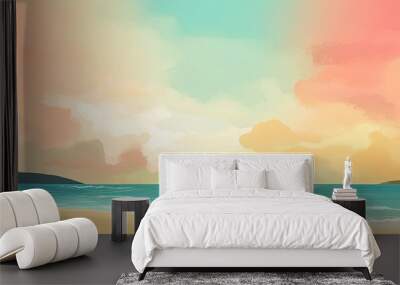 Sunny drawing of a paradise beach. Summer vacations. Generative AI Wall mural