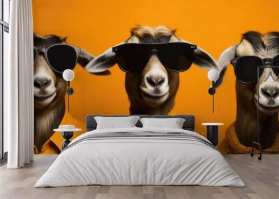 Three Goats in Sunglasses: A Quirky Fashion Statement on a Vibrant Yellow - Generative AI Wall mural