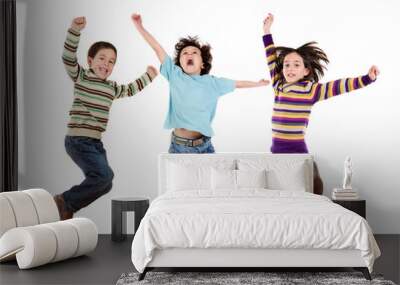 Three happy children jumping at once Wall mural