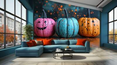 Three splatter-painted Halloween pumpkins in pink, orange, and blue with black jack-o'-lantern faces Generative AI Wall mural