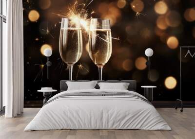 Two glasses of champagne over blur spots lights background. Celebration concept. Generative AI Wall mural