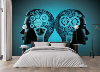 Two human heads made of gears with light bulb shape on colorful background. Generative AI Wall mural